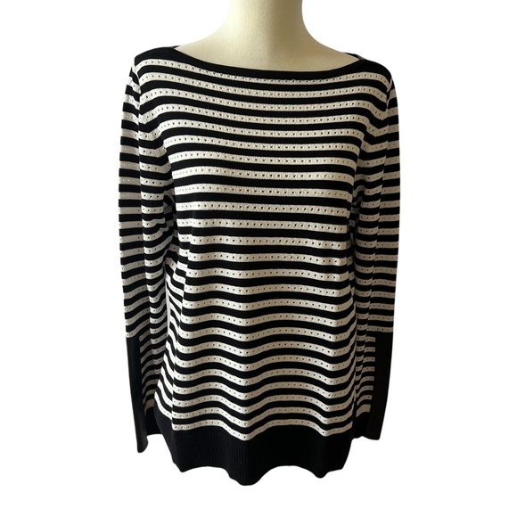 PER SE SWEATER L STRIPED VEGAN LEATHER DETAIL EYELET CASUAL OFFICE PREP - Picture 1 of 12